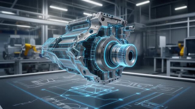 Complex engine part design hologram floating over blueprint being projected in augmented reality, showcasing innovative automotive engineering and futuristic manufacturing process 