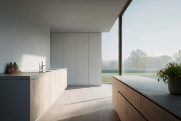 minimalist smart home with expansive bathed in soft morning light