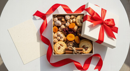 Christmas gift box with dried fruits and cookies for holiday celebration and festive events 