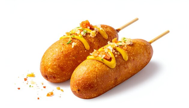Two golden corn dogs with mustard drizzle and colorful sprinkles on a white background