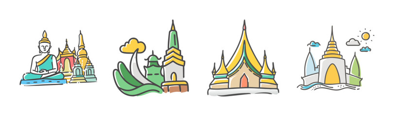 Asian temple, pagoda, and buddhism landmark icons. travel vector set