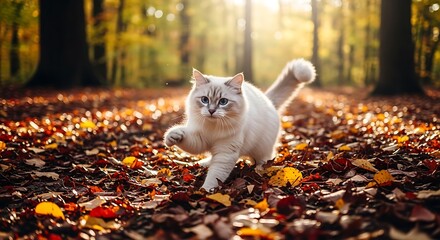 Cats Autumn Adventure - A Playful Stroll Through Fallen Leaves.