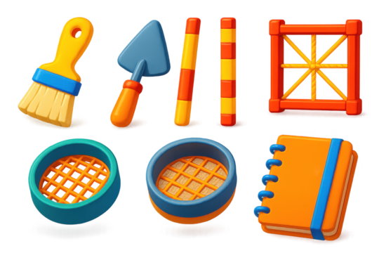Archaeology Tools Icons. 3D icon set of archaeology field tools: brush, trowel, measuring stick, excavation grid, soil sifter,