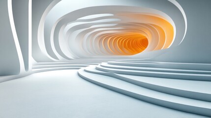 Obraz premium Abstract architectural tunnel, flowing white forms, warm light