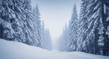 Snow covered pine trees in a winter forest path