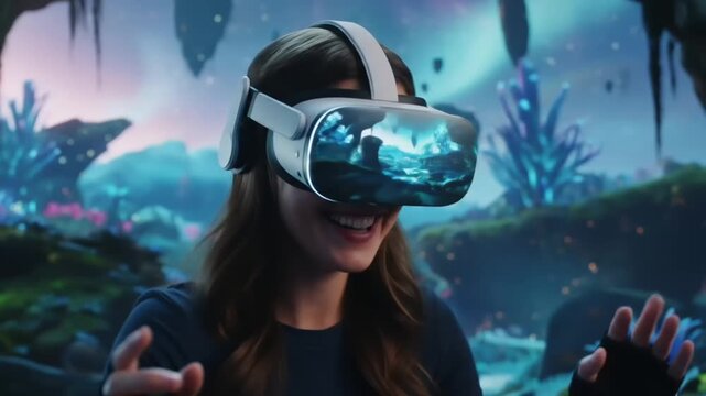 Excited woman exploring immersive virtual reality worlds with futuristic VR headset enjoying the experience of simulated environments