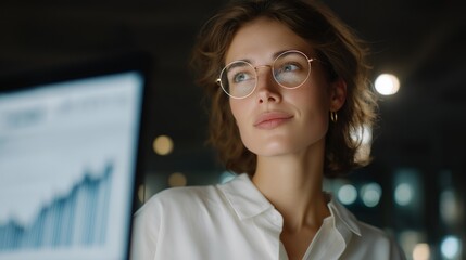 Fototapeta premium Young entrepreneur participating in online startup investment auction, holographic charts displaying equity shares and valuations — concept of innovative finance platforms, venture capital