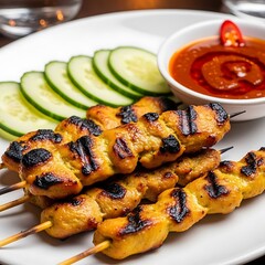 Grilled Chicken Satay Skewers with Peanut Sauce and Cucumber Slices.