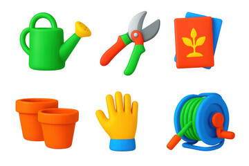 Vibrant Gardening Icons. 3D icon set of home gardening tools: watering can, pruning shears, seed packets, plant pots, garden