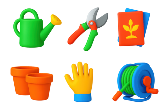 Vibrant Gardening Icons. 3D icon set of home gardening tools: watering can, pruning shears, seed packets, plant pots, garden