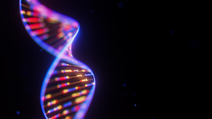 Abstract Digital DNA Double Helix spiral with data flow background. Medical science concept of biotechnological AI or quantum computing. Futuristic technology genetic research.