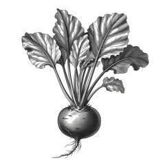 Monochrome illustration of a turnip with leaves.