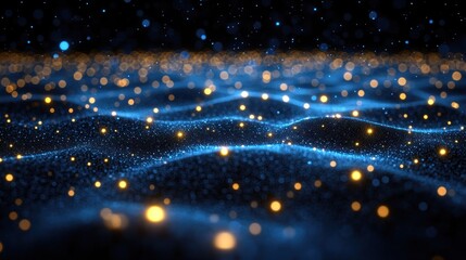 Abstract digital waves of glowing particles in blue and gold