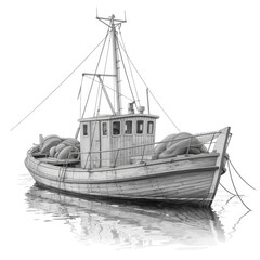 Pen-and-ink drawing of a small fishing boat at rest.