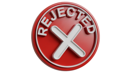 Bold red rejected stamp with white cross and letters signifying denial or disapproval for business applications isolated on white or transparent png.