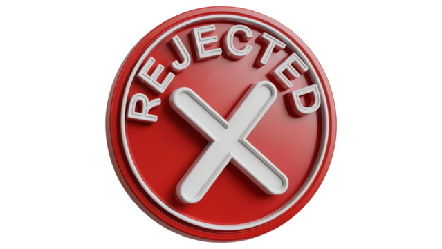 Bold red rejected stamp with white cross and letters signifying denial or disapproval for business applications isolated on white or transparent png.