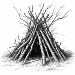 Simple lean-to shelter made of sticks and thatch.