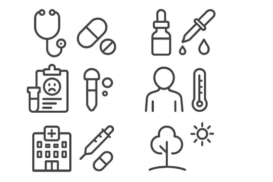 Homeopathy vs Conventional Icons. Line style icons of homeopathy vs conventional: stethoscope vs dropper, pill vs pellet, lab test