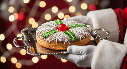 Santa holding a decorated Christmas cake on a silver tray with holiday lights, for bakery advertising and holiday food marketing