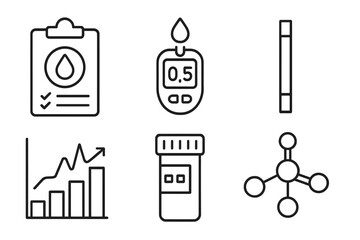 Ketogenic Diet Icons. Line style icons of ketogenic diet: ketosis monitoring, ketone test strip icon, blood ketone meter, ketosis