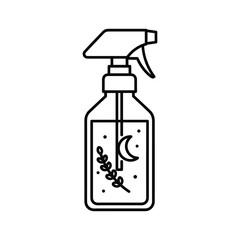 Line art icon of a spray bottle with a sprig of lavender and a crescent moon inside
