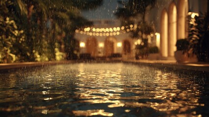 Fototapeta premium Rainy Night at Swimming Pool with Blurred Lights and Tropical Garden Backdrop