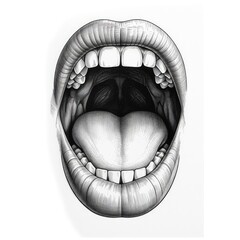 Wide open mouth, graphic illustration of a mouth wide open, showing teeth and tongue.