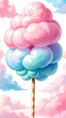 Cartoon-style illustration of fluffy, colorful cotton candy and a stick