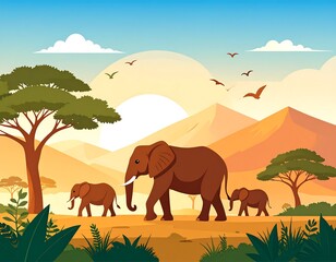 Cartoon-style illustration of elephants walking in a desert landscape