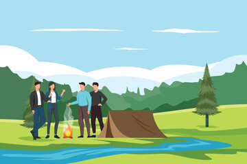 office gathering camping together in the forest. office Gathering concept. colored flat vector illustration isolated