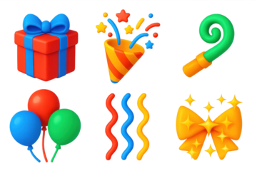 3D Celebration Icons. 3D icon set of celebration moments: gift box, confetti burst, party horn, balloon bunch, streamers,