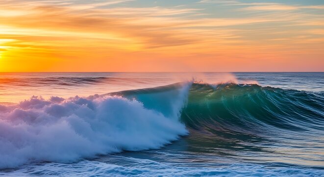 Majestic ocean wave cresting with vibrant sunset colors reflecting on the water s surface