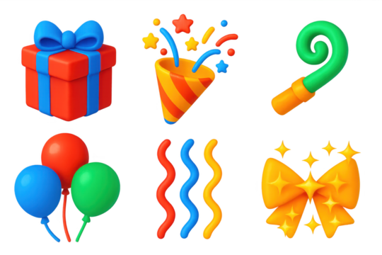 3D Celebration Icons. 3D icon set of celebration moments: gift box, confetti burst, party horn, balloon bunch, streamers,