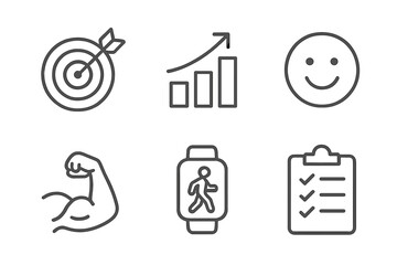Motivational Therapies Icons. Line style icons of motivational symbols for physiotherapy: goal target, small progress icon,
