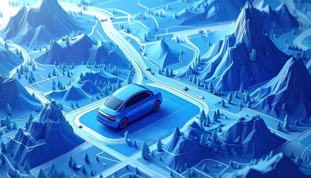 Cartoon-styled map featuring a car with roads and mountain terrains