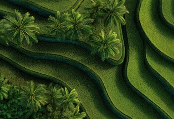 Aerial view of abstract geometric pattern with lush green grass and palm trees, showcasing nature and modern design in vibrant colors for environmental concepts.