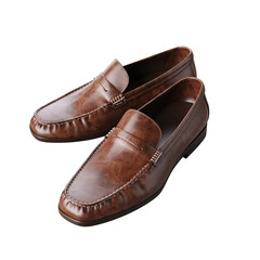 A Pair of Classic Brown Leather Loafer Shoes with Detailed Stitching on a Transparent Background
