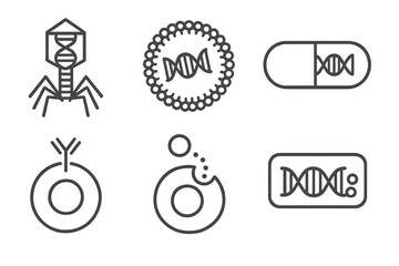 Genetic Engineering Icons. Line style icons of genetic engineering: virus vector delivery, lipid nanoparticle, gene delivery