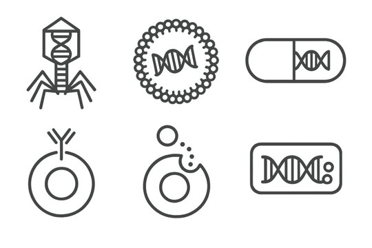 Genetic Engineering Icons. Line style icons of genetic engineering: virus vector delivery, lipid nanoparticle, gene delivery