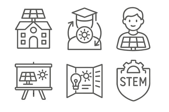 Renewable Energy Icons. Line style icons of renewable energy: school solar program, renewable education, student with panel, - Powered by Adobe