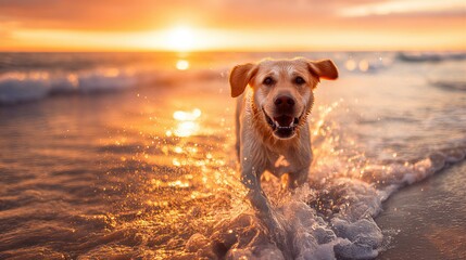Happy Dog Splashing in Golden Ocean Waves at Sunset
