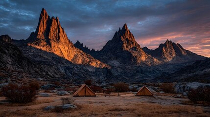 Naklejka premium Tents are set up in a mountainous area at sunset.