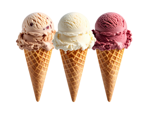 Three scoops of ice cream in waffle cones, assorted flavors