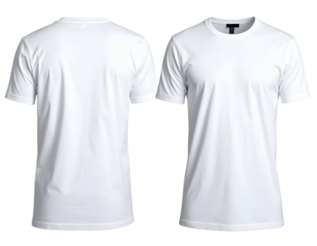 Two plain white t-shirts, front and back views, on white background