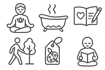 Holistic Healing Icons. Line style icons of holistic healing: holistic self-care, warm bath icon, journaling heart symbol, nature
