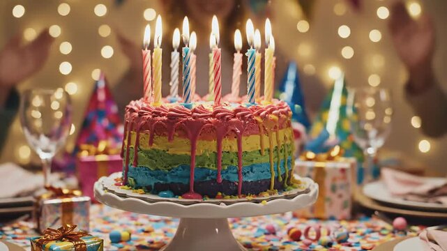 Colorful birthday cake with lit candles festive background