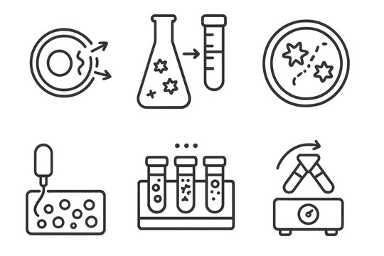 Microbiology Line Icons. Line style icons of microbiology: cell lysis icon, protein extraction, enzyme digestion, bacterial lysate