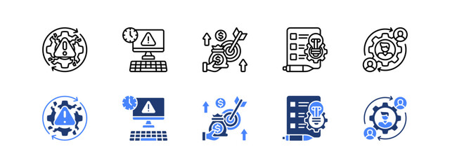 Inefficiency, Outdated, Limited funds, Quality issues, Turnover with two styles, line and duotone icon.