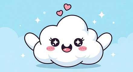 Cute Cloud Character with Hearts and Sparkling Eyes in a Blue Sky.