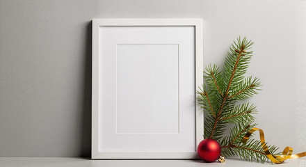 Mockup of a picture frame with Christmas decorations for holiday marketing, home decor, and gift ideas